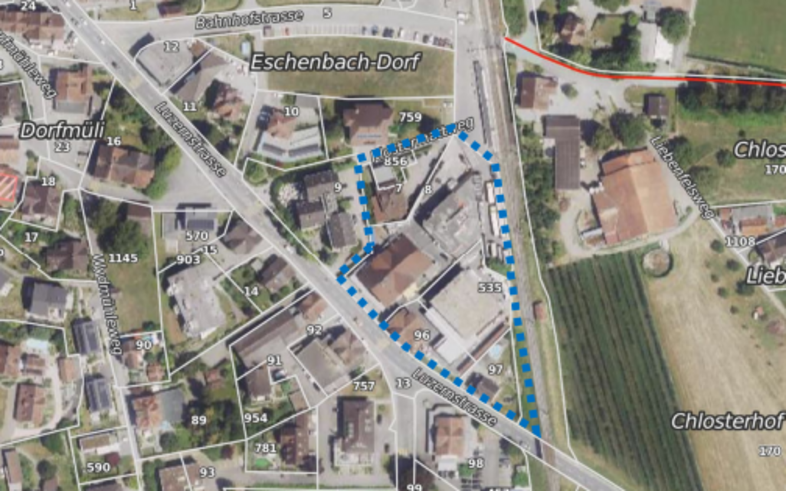 <p>Abbildung 1: Perimeter in Blau der Umzonung in die Kernzone B mit Gestaltungsplanpflicht</p>